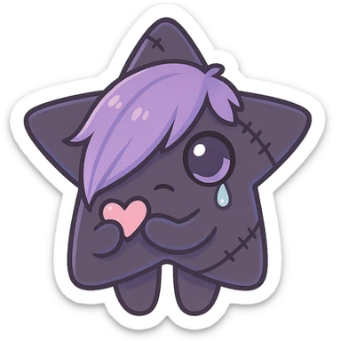 emo star, chibi style, black and purple, stitched, teardrop, dramatic shadows, big eyes, pastel palette, holding a tiny heart sticker