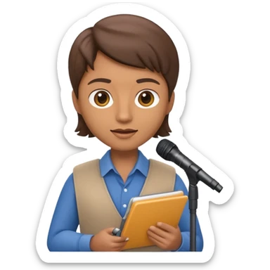 Apple Memoji-style 3D emoji of a journalist holding a microphone and notepad, smooth gradients, rounded shapes, no background. sticker