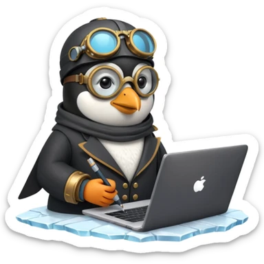 an steampunk engineer penguin writing code on a laptop, on an iceberg sticker