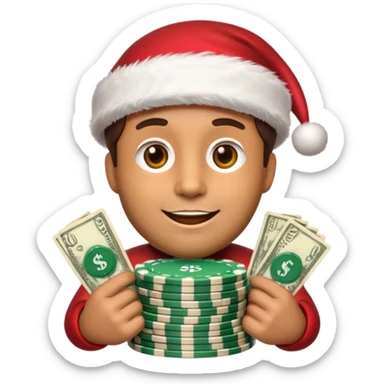 A confident rich emoji face wearing a Santa hat, money stacks, casino vibe, New Year theme, premium 3D emoji style, sharp details, no text, isolated on transparent background sticker