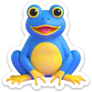 blue frog, sitting pose, exaggerated yellow mouth, wide eyes, cute and silly, appealing to children, no accessories sticker