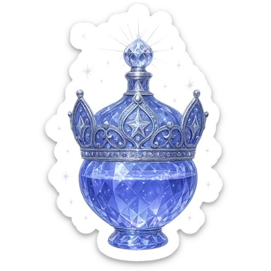 išskirtinai prabangus eliksyro buteliukas, aiškiai karūnos forma, spalva #7986cb, daugiasluoksniai holografiniai ir sidabriniai ornamentai, kristalo tekstūra, daug magiškų švytėjimų ir žėrėjimo, šviesos spinduliai, labai mažas kaklelis, dailiai sujungta, užapvalinta ir uždara apačia (ne plokščia ir ne atvira kaip stiklinės), skaidrus fonas, buteliukas aiškiai plūduriuoja ore, be pagrindo ar šešėlio, nestovi, modernus, kolekcijai tinkamas, ypatingai gražus, siluetas aiškiai primena karūną sticker