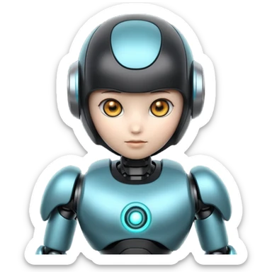Cute futuristic chibi humanoid robot with large rounded head, add text on chest "LMX", glossy black and grey metal body, glowing cyan and amber eyes, visible joints, confident pose, white background, high-detail 3D render,  sticker