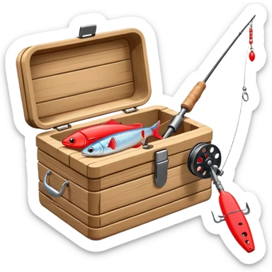 A fishing rod with reel and line neatly coiled beside a bait box.

 sticker