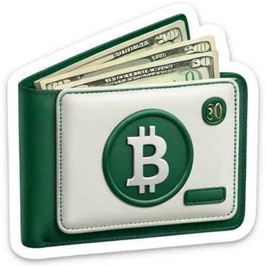 white men's wallet with dark green elements, white banknotes with dark green numbers sticking out, no emojis sticker