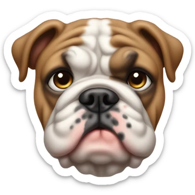 A English bulldog puppy with a sad face sticker