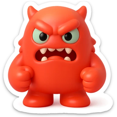angry monster with furrowed brow, bared teeth, clenched fists, bright red and orange colors, toy-like sticker