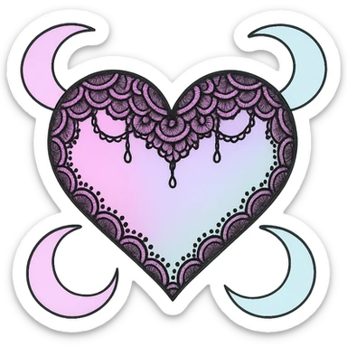 Remove the background, keep the pastel goth heart with pastel moons and black lace, transparent background. sticker