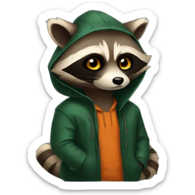 brown raccoon with orange eyes and a dark green hood that is sad sticker