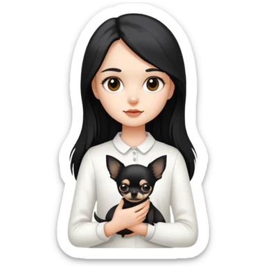 A girl with fair skin, wearing white clothes, holding a black long-haired Chihuahua sticker