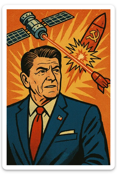 US President Reagan wearing a blue suit with a US flag badge standing in front of a background where you can see a US satellite with a laser shooting down a Soviet Union missile sticker