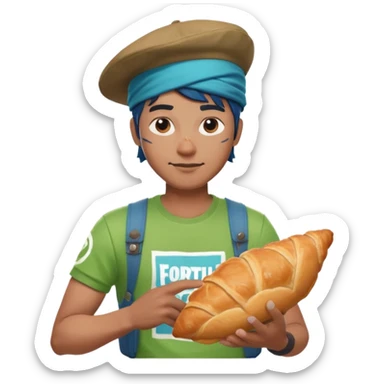 a man with green fortnite tshirt indian he has a cool hat and has a crousant with blou flesh sticker
