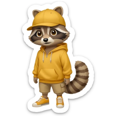 Crear ub mapache que sea solo dibujado con sudadera color mostaza y zapatillas + gorra sticker