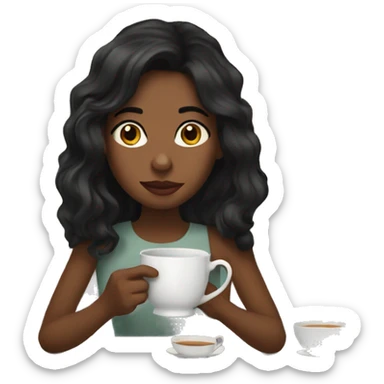 Girl sipping tea with wavy black hair sticker