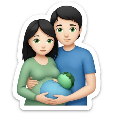 Make a couple hugging the girl is white with long black hair with blue eyes. The girl is hugging a boy with light brown short hair with green eyes. The boz is pregnant  sticker