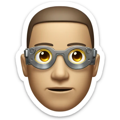 Male cyborg head with metallic plated face, brown flat top, glasses and circuits sticker