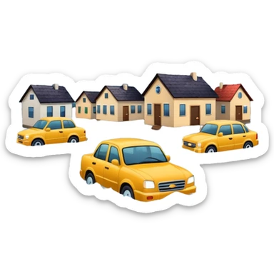 showing a flood disaster scene with strong water waves overflowing streets, partially submerged houses and cars, dark cloudy sky sticker