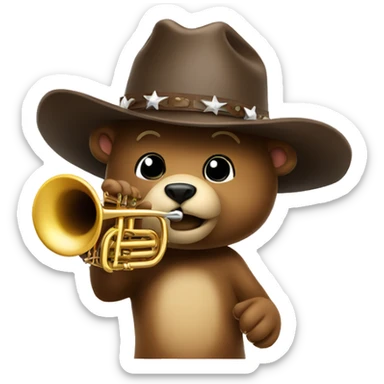 a bear wearing a cowboy hat playing the trumpet sticker