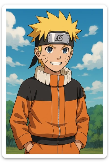 Naruto character, anime style, spiky blond hair, orange jumpsuit, ninja headband sticker