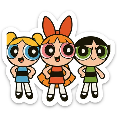 three animated girls with round heads and big eyes, inspired by the Powerpuff Girls, playful style sticker