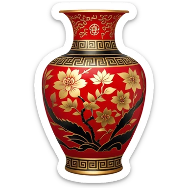 Chinese metal painting icon, intricate hand-painted Chinese patterns on metal vase, painting with a brush, vibrant colors like red, gold, and black, delicate brushstrokes, visible fine paintbrush and metal surface, painting process, minimalistic style, clean lines, transparent background. sticker