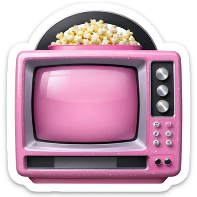 front view of transparent sparkly pink shiny CRT TV sitting on top of pink VCR, with pink/white rhinestone bucket of popcorn beside it sticker