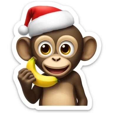 Happy little cartoon monkey eating a banana wearing a Christmas hat sticker