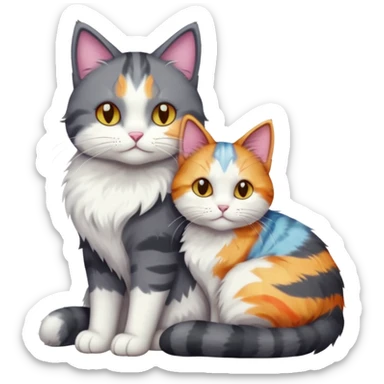 full body large dark grey and white cat cuddling a colourful light patched calico + white tabby cat  sticker