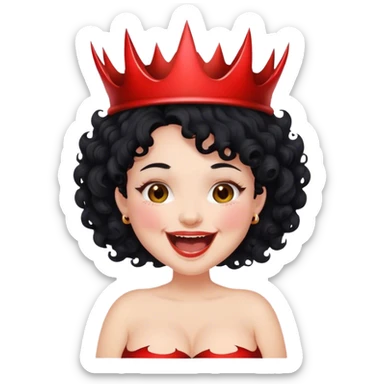 Pregnant fair woman  black curly hair laughing with devil crown  sticker