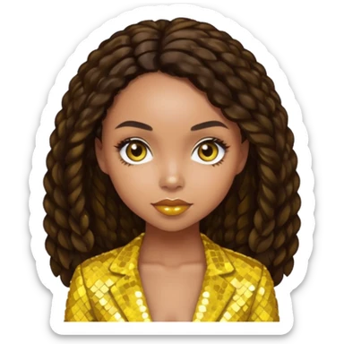 Logan Browning with long dark brown hair, yellow sequin outfit sticker