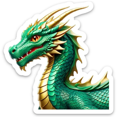 cinematic-noble-dragon-portrait-emoji,-poised-and-majestic,-with-a-sinuous,-elongated-body-covered-in-intricately-detailed,-shimmering-scales-in-hues-of-emerald-and-gold,-and-piercing,-fiery-eyes-that-reflect-ancient-wisdom; sticker