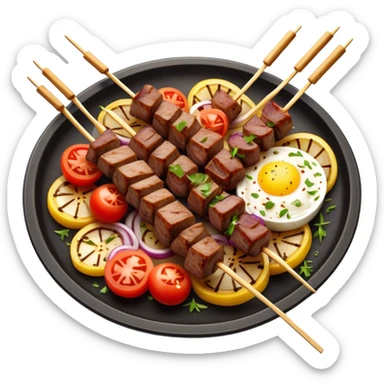 Cinematic Realistic Souvlaki Dish Emoji, showcasing skewered, grilled meat with Mediterranean spices rendered with dynamic textures and warm, appetizing lighting. sticker
