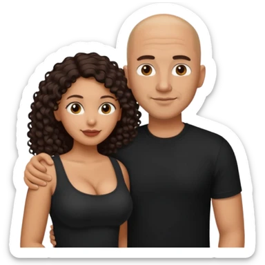 A picture of a tanned couple with the man's arm around her. the man is a Mexican man with tanned skin, a bald hair cut, short beard and wearing a black shirt. the woman is mixed, with long curly dark brown hair and with big boobs  sticker