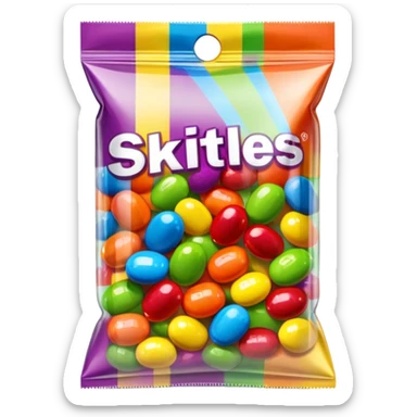 A Skittles candy package completely wrapped in clear packing tape, shiny reflective surface, rainbow colored bag under tape sticker