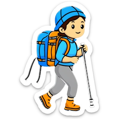 female mountain climber with backpack and hiking poles sticker