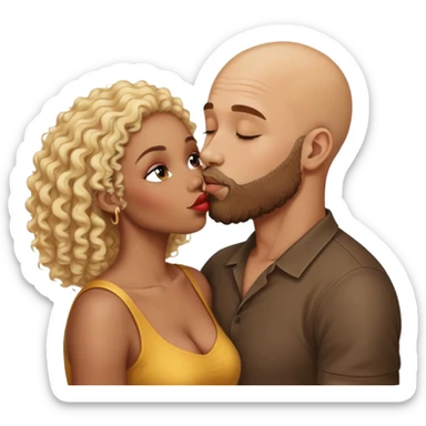 bald head man with beard kissing African woman with curly blonde hair sticker