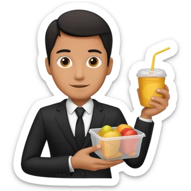 man with suit holding food container sticker