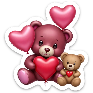 maroon love letter, three metallic pink heart-shaped balloons and red kisses and love teddy bear sticker