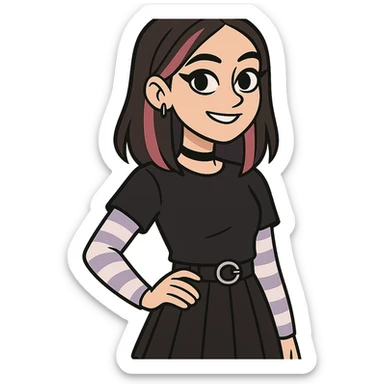 girl with clear skin, bright eyes, healthy hair, confident smile, E-girl style, dark eyeliner, dyed hair streaks, trendy outfit sticker