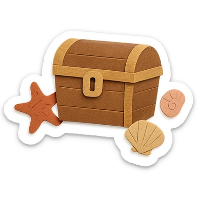 closed treasure chest with a lock, surrounded by seashells and starfish, paper-craft style sticker