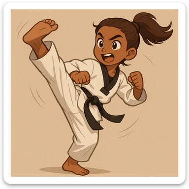 brown-skinned girl with brown hair in a ponytail performing a taekwondo kick, dynamic pose, energetic expression, simple background sticker