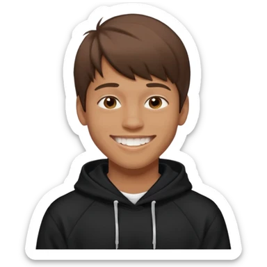 20 yr old man, brown hair, straight, big smile, white teeth, tanned skin, bangs, black hooded sweatshirt sticker