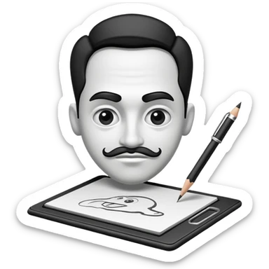 Create an icon representing the process of creating a black-and-white caricature. Include a pencil, a sketchpad with a humorous, exaggerated figure, and inking tools. Use bold lines and shading, with a transparent background. sticker