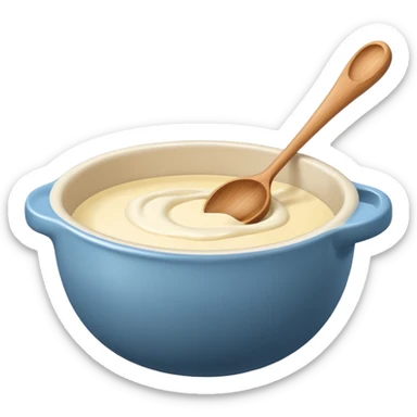 a cream ceramic mixing bowl with a wooden spoon stirring sticker