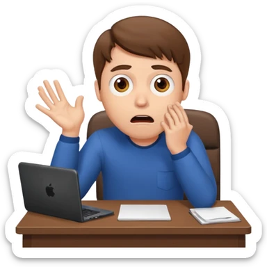 A white man with brown hairs, white skin,  sits at his desk in shock sticker