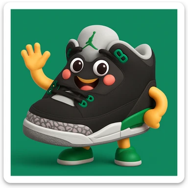 Create a 3D emoji style sneaker based on the provided reference image, adding arms, legs, and a happy facial expression. The style should resemble Microsoft style 3D fluent emojis with a playful and friendly look. sticker