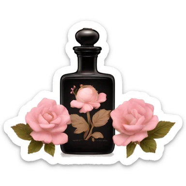Two English vintage glass perfume bottles from my aristocratic grandmother, exquisite bottle shape, old and shabby, with label, stylish and minimalistic, black and brown with pink gradient, with little herbal and flowers  sticker