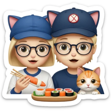 cute girl cat wearing glasses and a cute boy cat wearing a baseball cap eating sushi together sticker