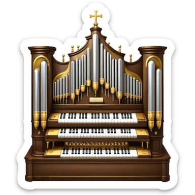Create an elegant and majestic emoji representing a classical church organ. The emoji should feature the grand pipes of the organ in the background, with visible details of the keys and pedalboard in the foreground. The pipes should be tall and impressive, with a mixture of gold, silver, and metallic shades to emphasize the grandeur of the instrument. The keyboard and pedals should be well-defined, capturing the intricate craftsmanship of the organ. Use dark wood tones and gold accents for the body of the instrument to give it a rich, historic feel. Add subtle musical notes around the organ to evoke its deep, resonant sound. The background should be transparent. sticker