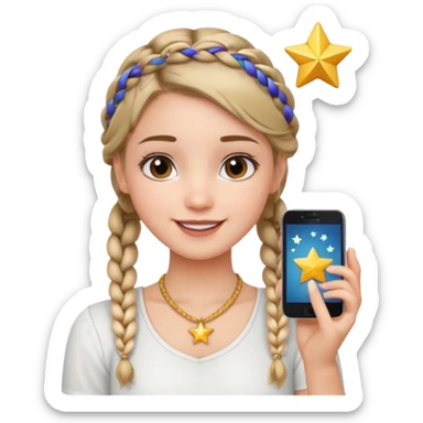 a girl wearing cute white top with a braid outing in the camera as a selfie and a star necklace in the neck  sticker